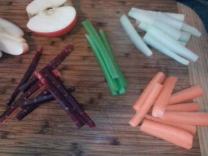 Beautiful organic multi color carrots.  White one was outta this world!  Celery and some apple I was snacking on while chopping 