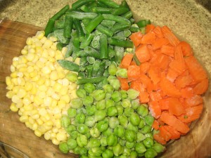 1 cup each frozen vegetables (here I have corn, beans, green garbanzo beans, and some carrots)
